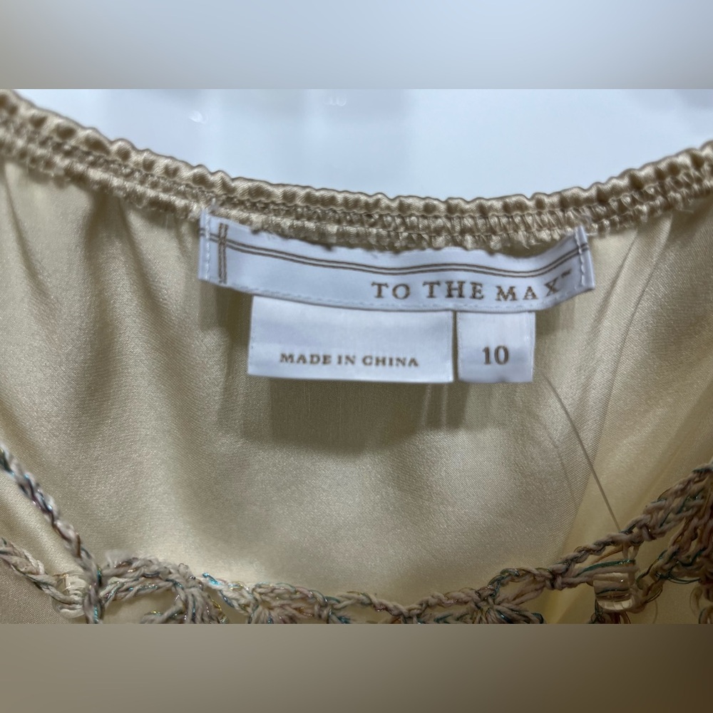 To the Max-tank blouse/tie waist/beige silk beaded rope straps/front. W size 10. - Picture 6 of 10